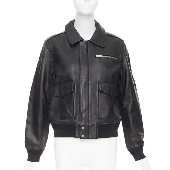 SAINT LAURENT 2020 black sheepskin leather pocketed flight jacket L - Picture 1 of 10